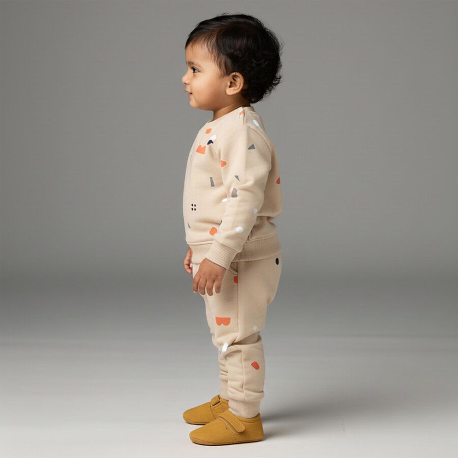 Infants Beige Printed Baba Suit, Beige, large image number null