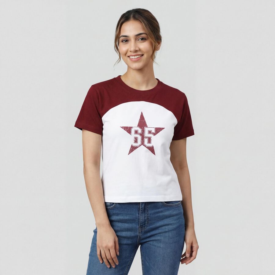 Women's Wine Cotton Blend Round Neck Slogan Printed T-Shirt, वाइन, large