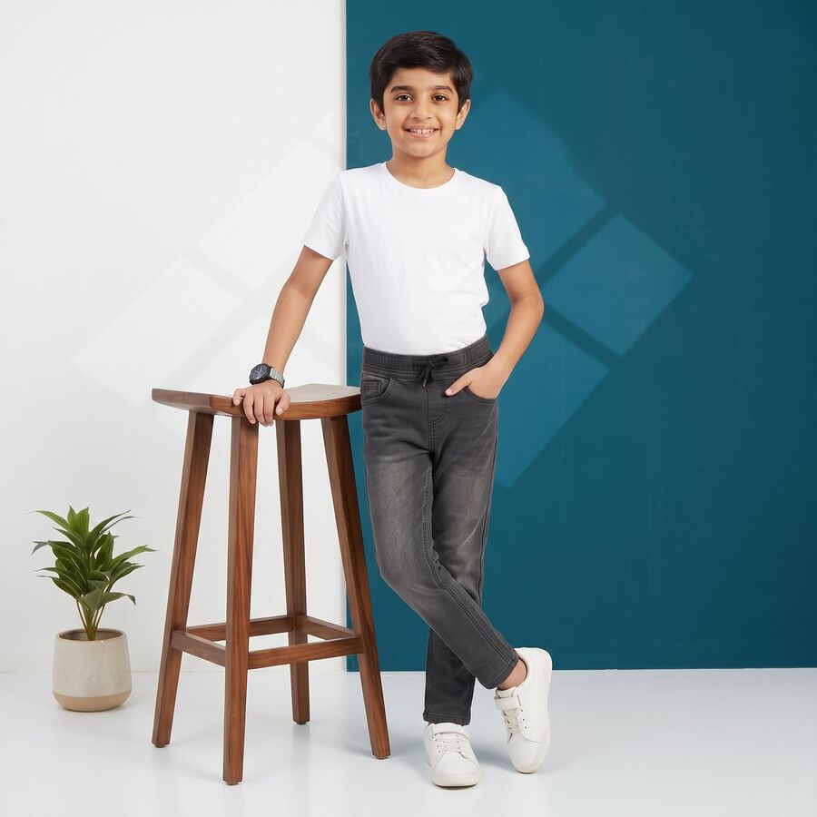 Boys' Dark Grey Straight Fit Drawstring Waist Jeans, गहरा ग्रे, large