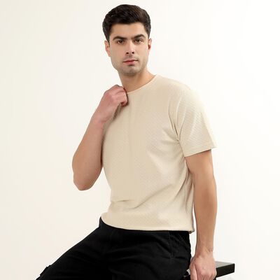 Men's Light Beige Round Neck Casual T-Shirt