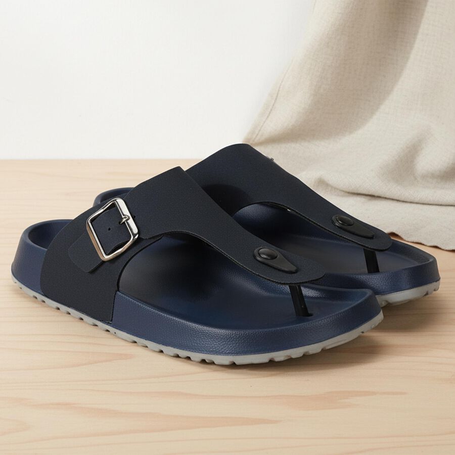 Men's Navy Blue Buckle Strap Thong Sandals, Navy Blue, large