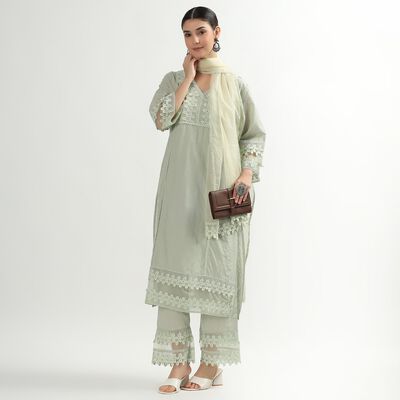 Women's Light Sage Green Cotton Embroidered Ethnic Set