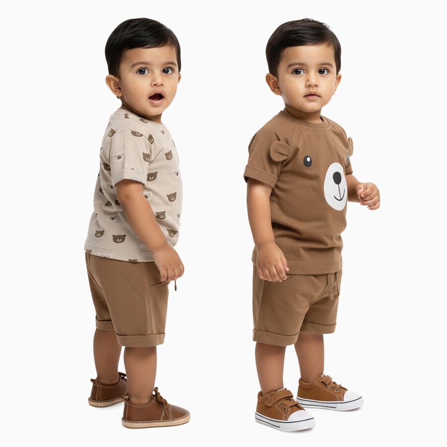 Infants' Beige and Brown Cotton Round Neck Printed Baba Suit, गहरा पीला, large image number null