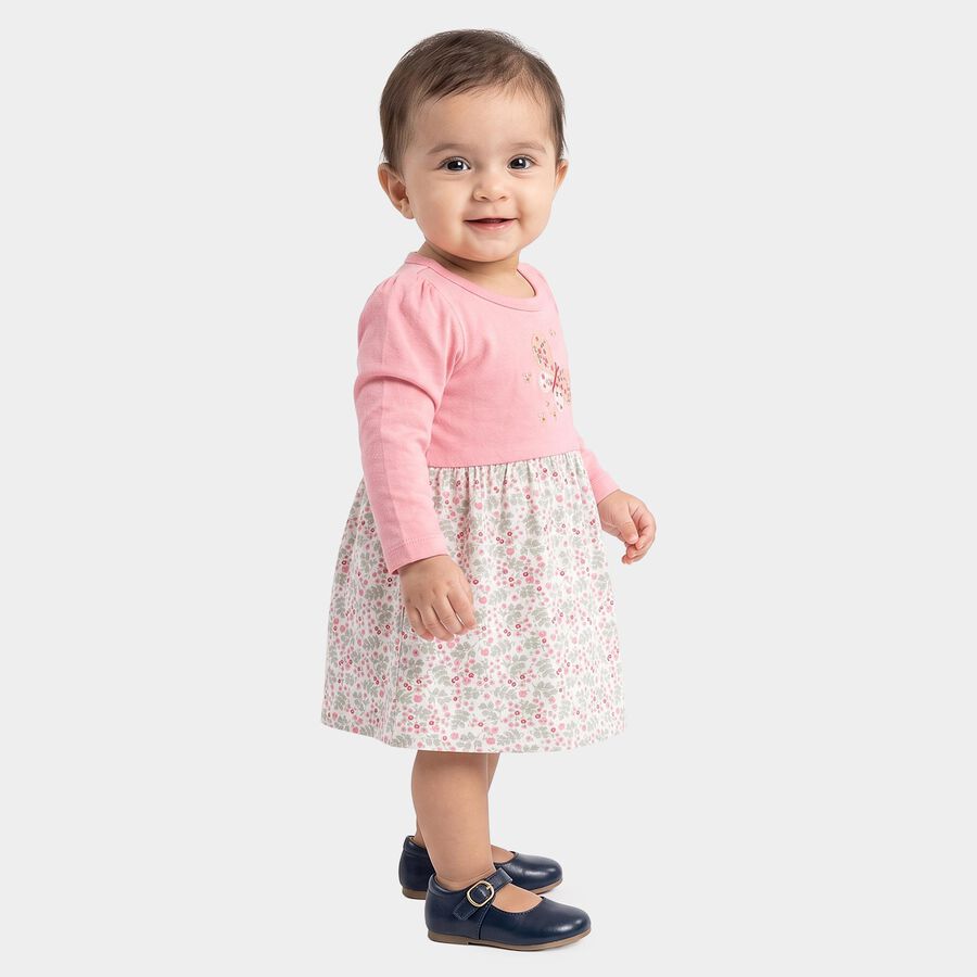 Infants' Pink Fit and Flare Butterfly Motif Frock, हल्का गुलाबी, large