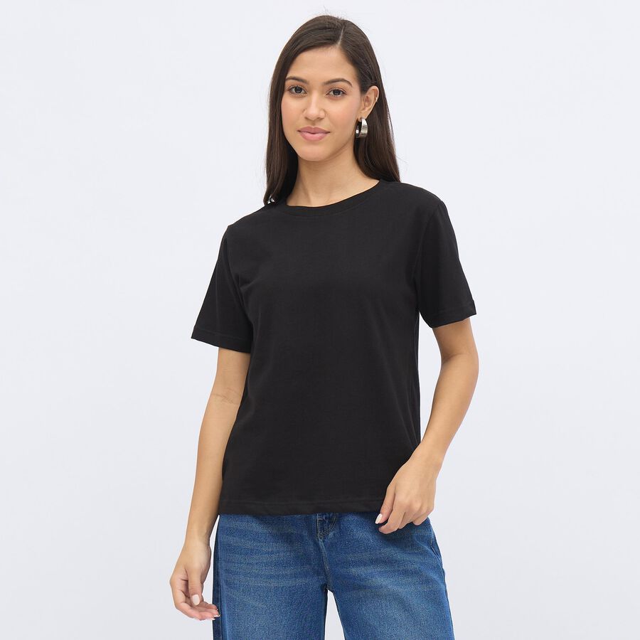 Women's Jet Black Cotton Round Neck Casual T-Shirt, Black, large