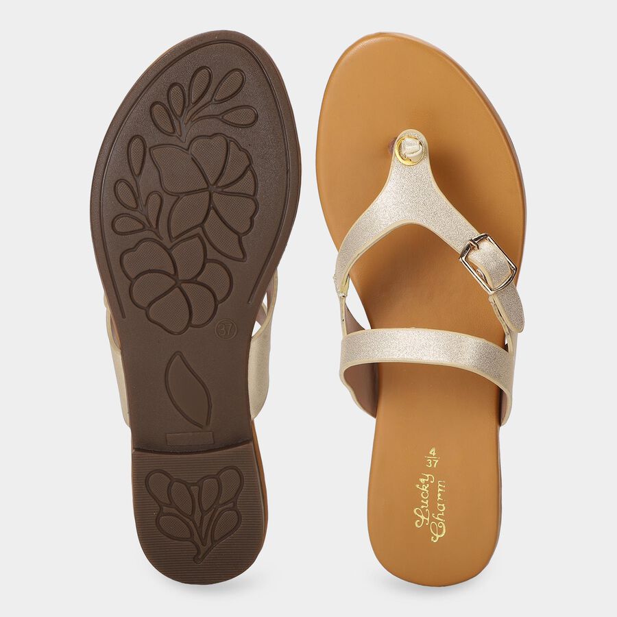 Women's Gold Buckle Strap Thong Sandals, गोल्डन, large