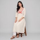 Women's Off White Cotton V-Neck Embroidered Kurta, ऑफ व्हाइट, small