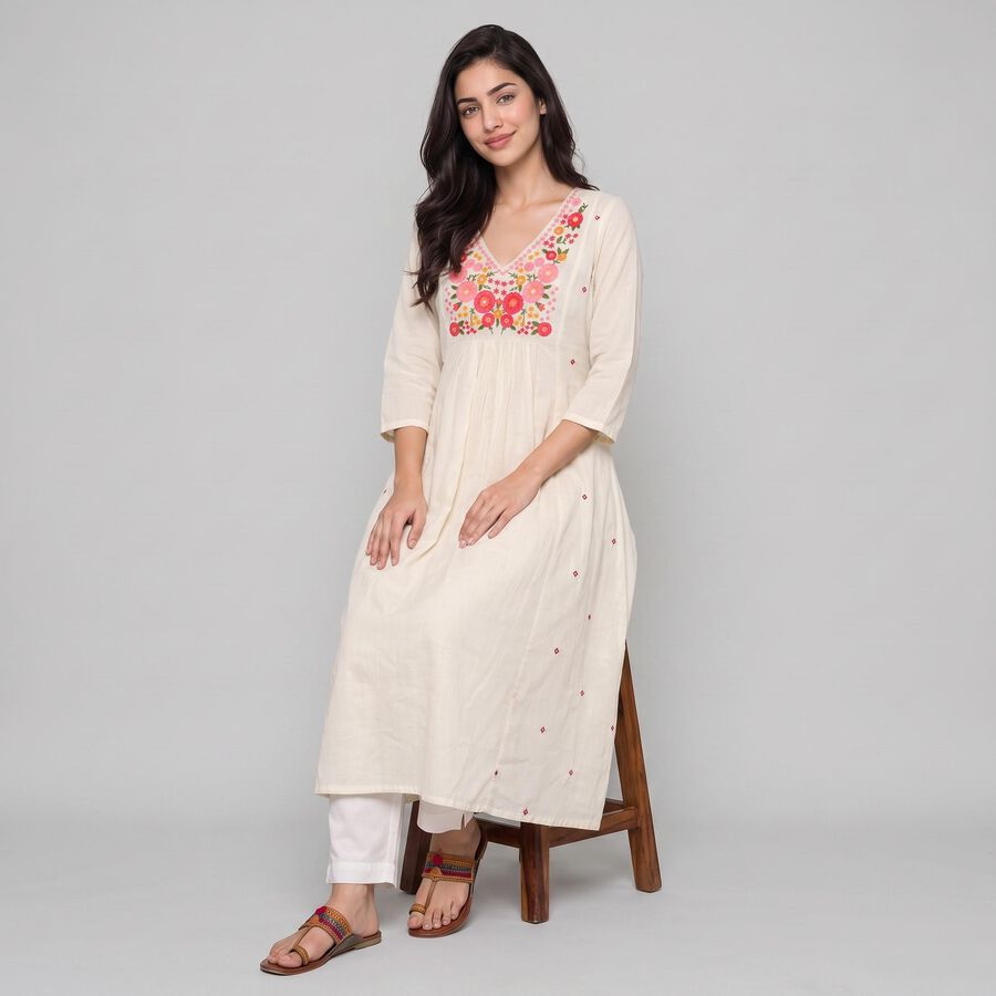 Women's Off White Cotton V-Neck Embroidered Kurta, ऑफ व्हाइट, large