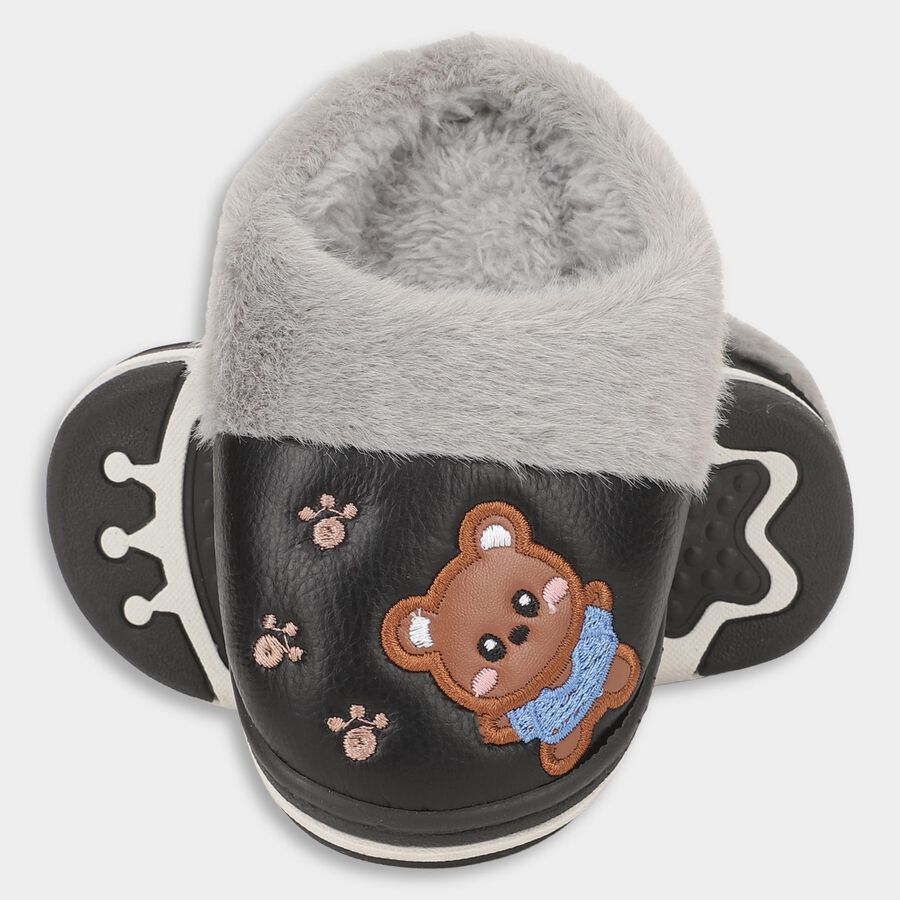 Kids Jet Black and Light Grey Fur Lined Slip-On Winter Slippers, काला, large image number null