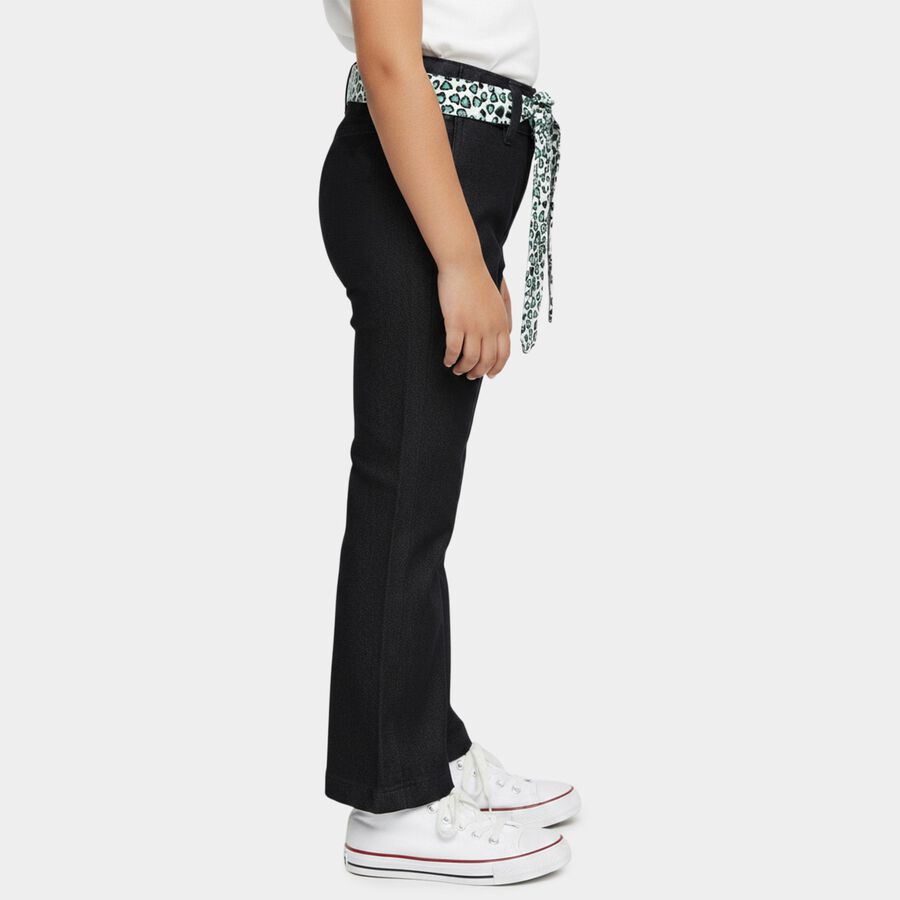 Girls' Jet Black Wide Leg Printed Belt Jeans, Black, large