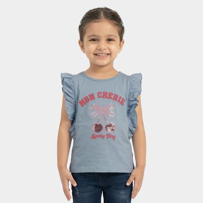 Girls Light Blue Cotton Round Neck Casual T-Shirt