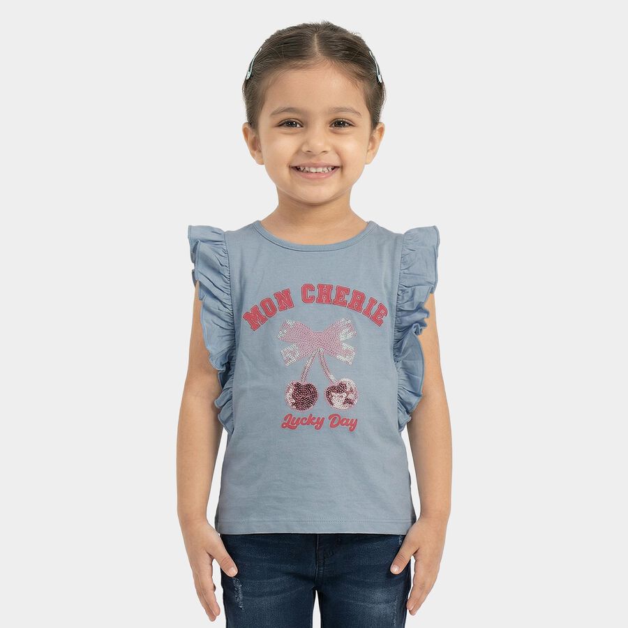 Girls Light Blue Cotton Round Neck Casual T-Shirt, Light Blue, large