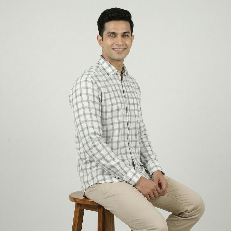 Men's White Cotton Classic Collar Casual Shirt, Off White, large