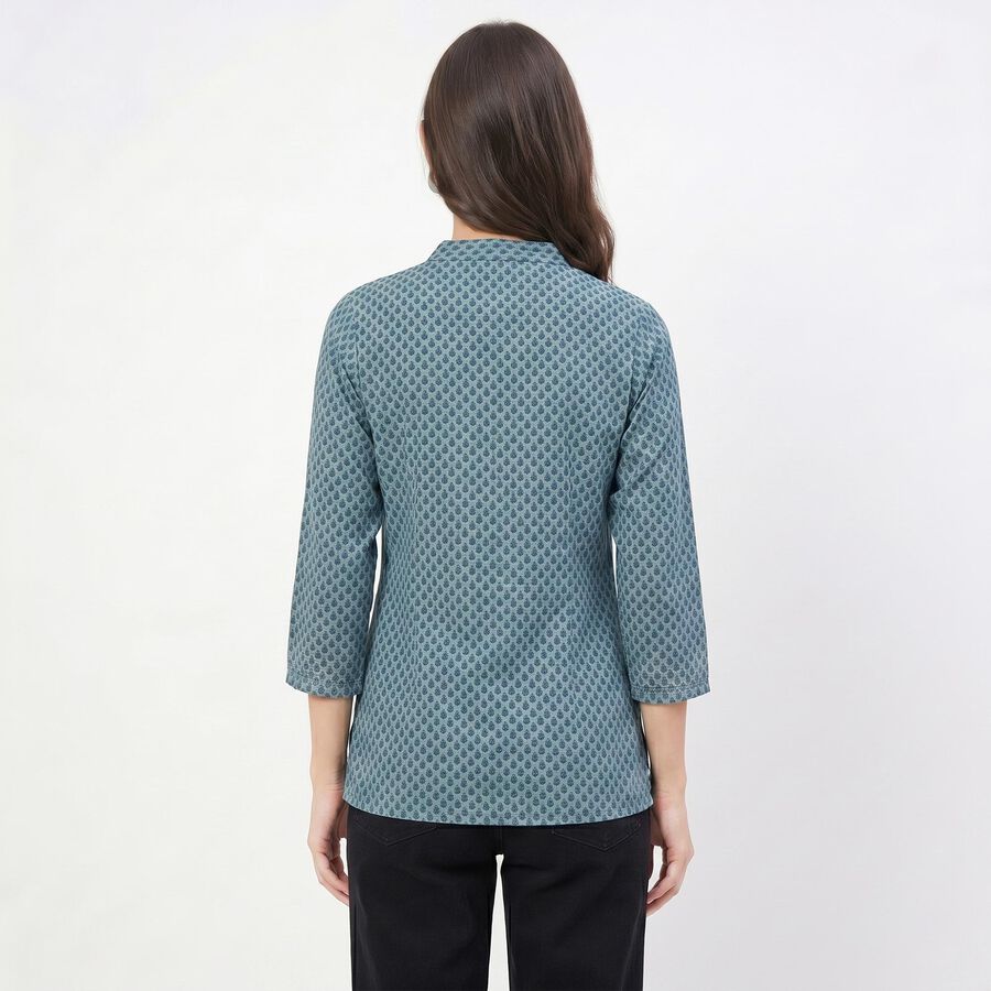 Women's Teal Mandarin Collar Geometric Printed Kurti, Mid Blue, large