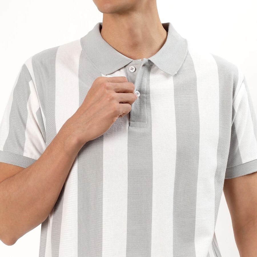 Men's Light Grey Polo Neck Striped T-Shirt, Light Grey, large image number null
