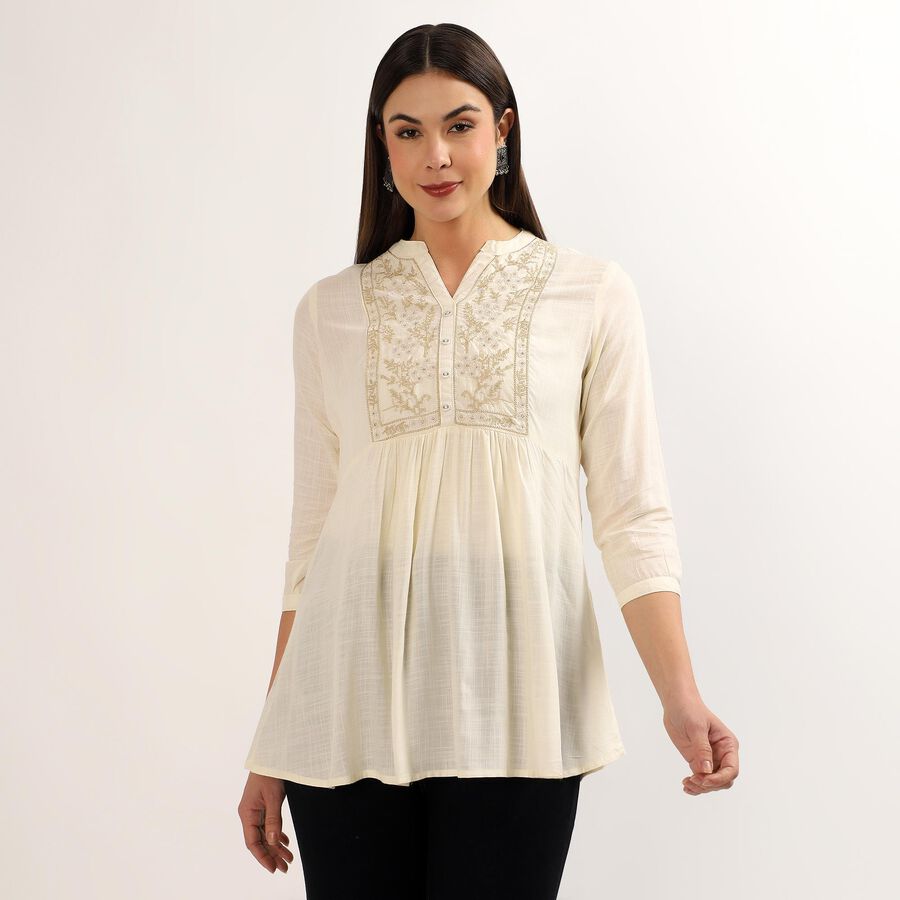 Women's Beige Notch Neck Floral Printed Kurti, Beige, large