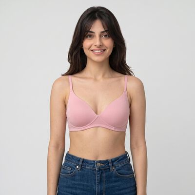 Women's Pink Cotton Blend V-Neck T-Shirt Bra