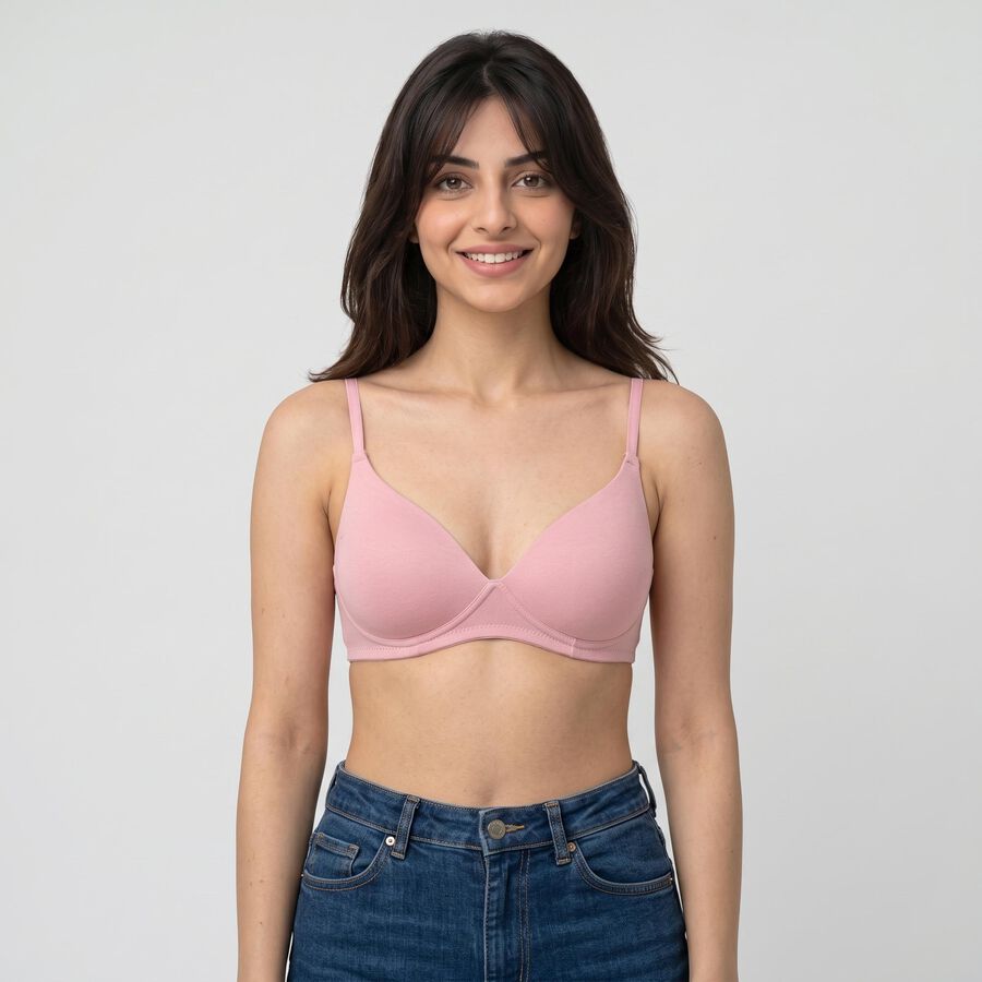 Women's Pink Cotton Blend V-Neck T-Shirt Bra, हल्का गुलाबी, large