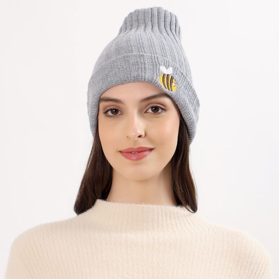 Women's Light Grey Embroidered Beanie Cap, Light Grey, large image number null