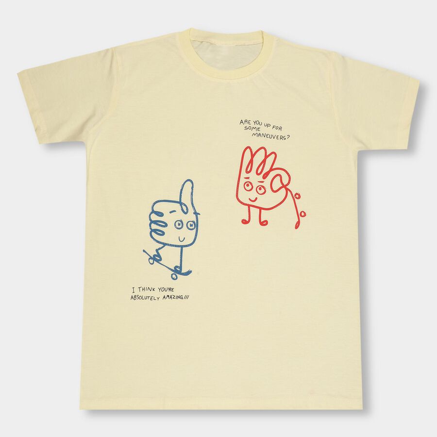 Boys' Bright Yellow Round Neck Printed T-Shirt, Yellow, large image number null