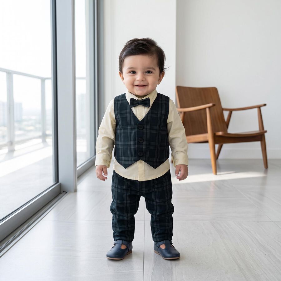 Infants' Navy Blue 100% Cotton Collared Neck Checked Baba Suit, Navy Blue, large