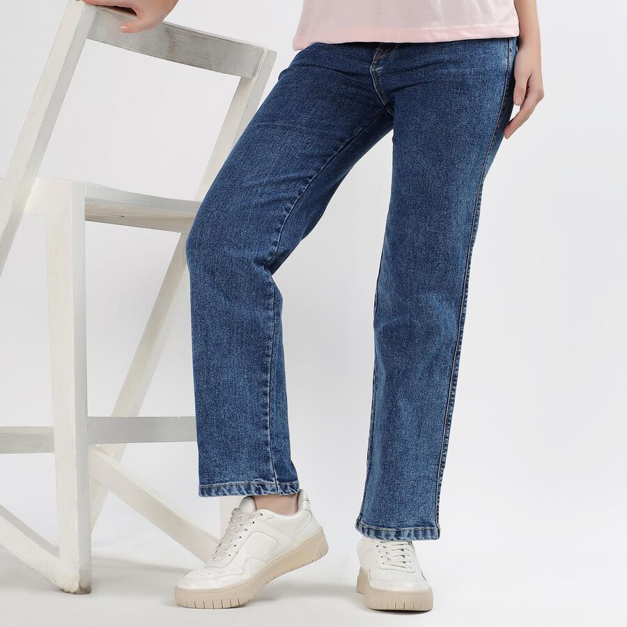 Women's Stonewashed Blue Straight Fit High-Rise Jeans, मध्यम नीला, large