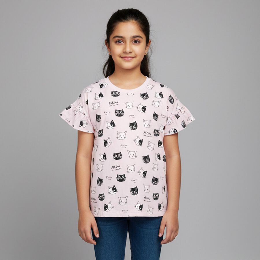 Girls Light Pink Cotton Round Neck Casual T-Shirt, हल्का गुलाबी, large