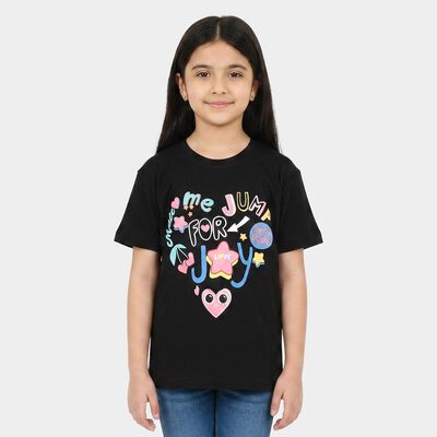 Girls Black Cotton Round Neck Regular T-Shirt
