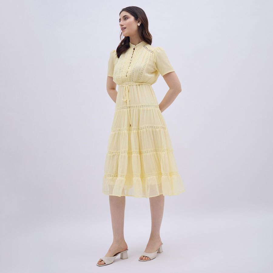 Women's Soft Yellow Mandarin Collar Romantic Midi Dress, पीला, large image number null