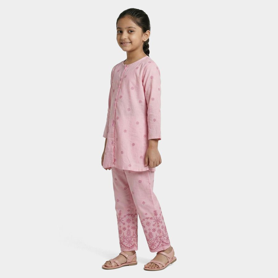 Girls Pink Floral Printed Kurta and Pant Fusion Set, हल्का गुलाबी, large