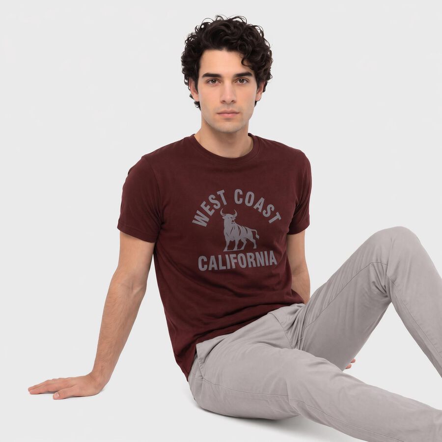 Men's Wine Round Neck Regular Printed T-Shirt, Wine, large