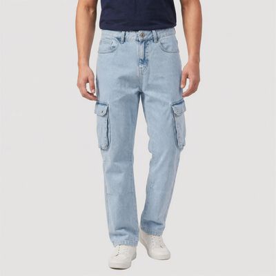 Men's Light Blue Cargo Fit Washed Jeans