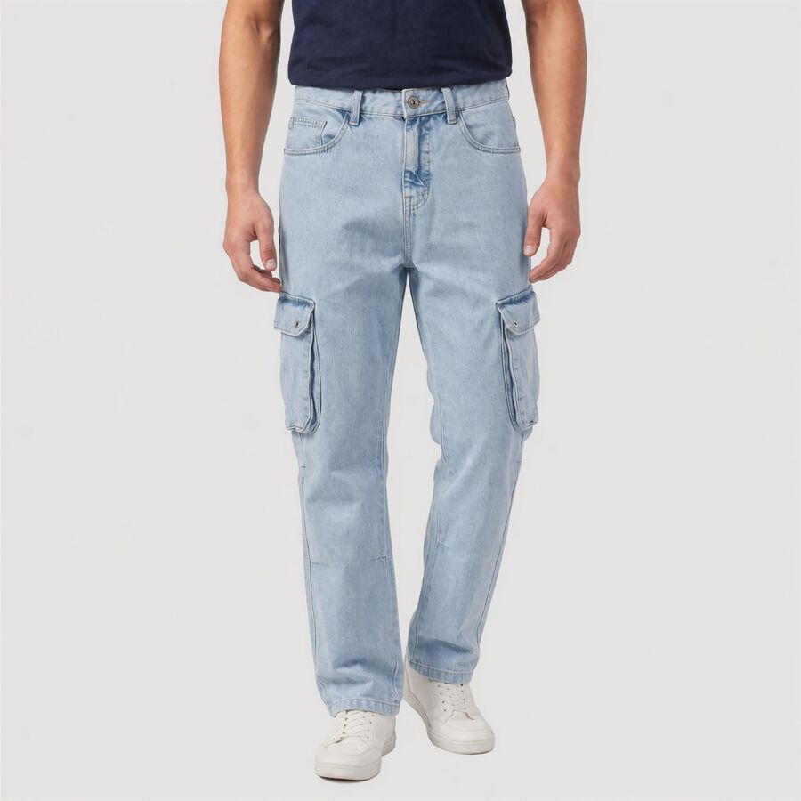 Men's Light Blue Cargo Fit Washed Jeans, हल्का नीला, large