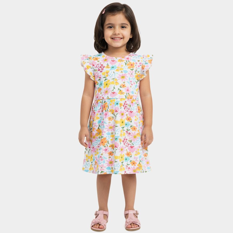 Girls' White Floral Printed Ruffled Frock, Off White, large