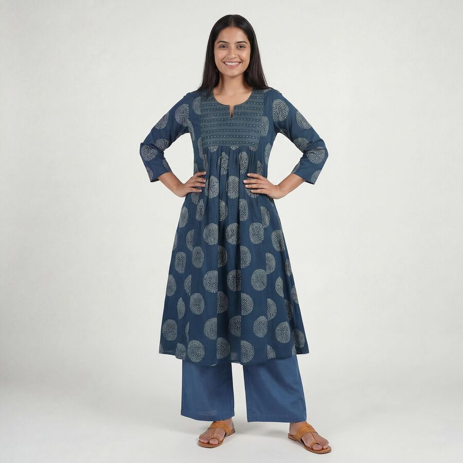 Women's Teal Notch Neck Printed Kurta, टील ब्लू, large