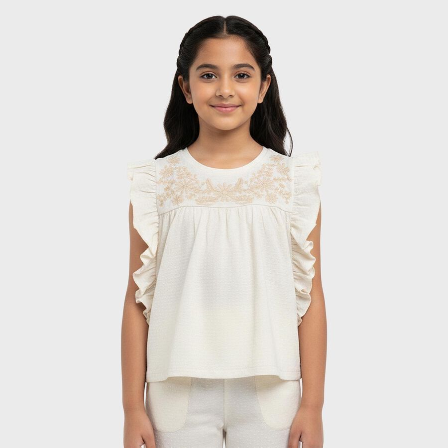 Girls Off-White Cotton Crew Neck Casual T-Shirt, ऑफ व्हाइट, large