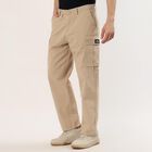 Men's Beige Slim Fit Flat-Front Casual Trousers, Beige, small