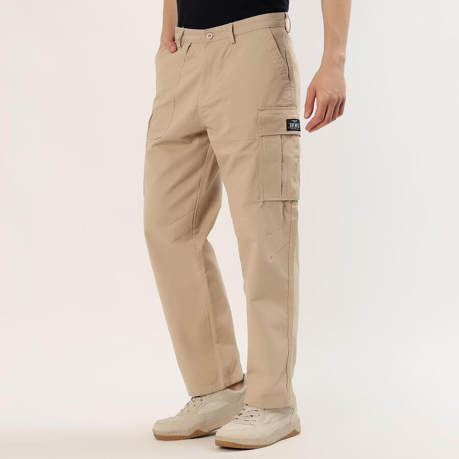 Men's Beige Slim Fit Flat-Front Casual Trousers, Beige, large