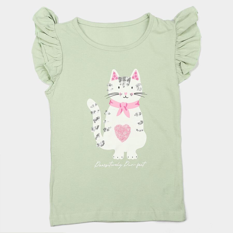 Girls Mint Green Cotton Round Neck Regular T-Shirt, Light Green, large