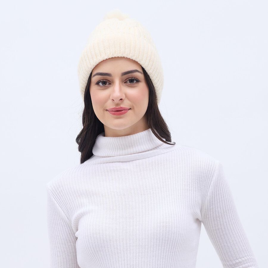 Women's Cream Knitted Pom-Pom Beanie Cap, गहरा पीला, large image number null