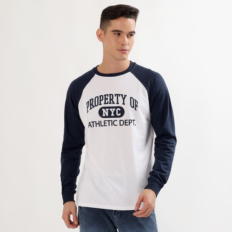 Men's Navy Blue and White Crew Neck Casual Graphic T-Shirt, Mid Blue, large image number null