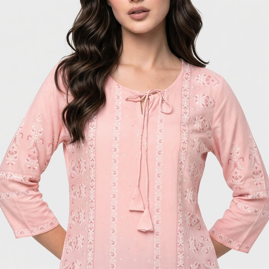 Women's Pink Round Neck Embroidered Kurti, Light Pink, large