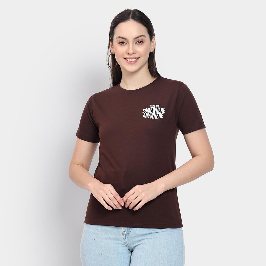 Ladies' Round Neck T-Shirt , भूरा, large