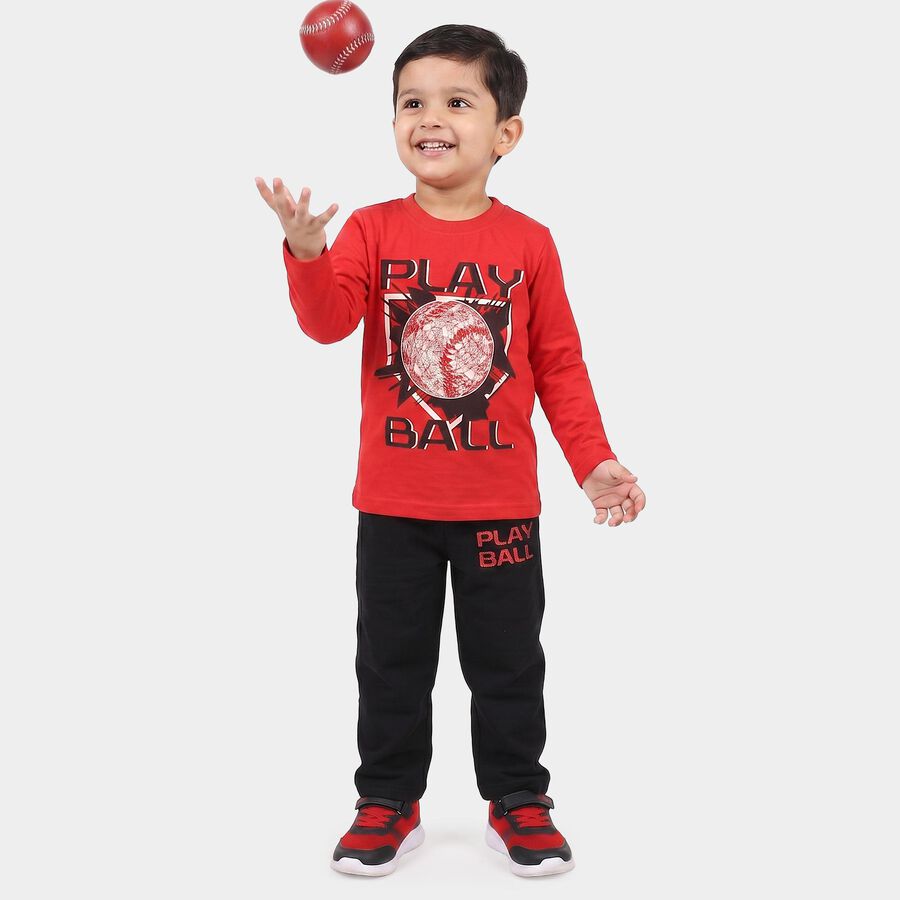 Boys Red Crew Neck Graphic Print Baba Suit, Red, large