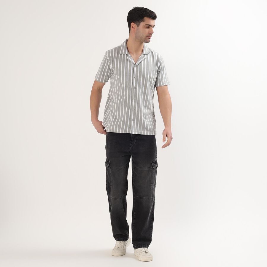 Men's Muted Grey Striped Cuban Collar Casual Shirt, Dark Grey, large