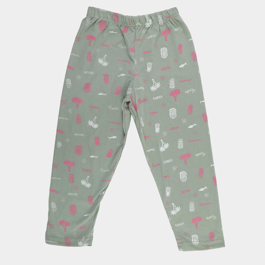 Girls' Olive Green Regular Fit Tropical Printed Pyjama, Light Green, large