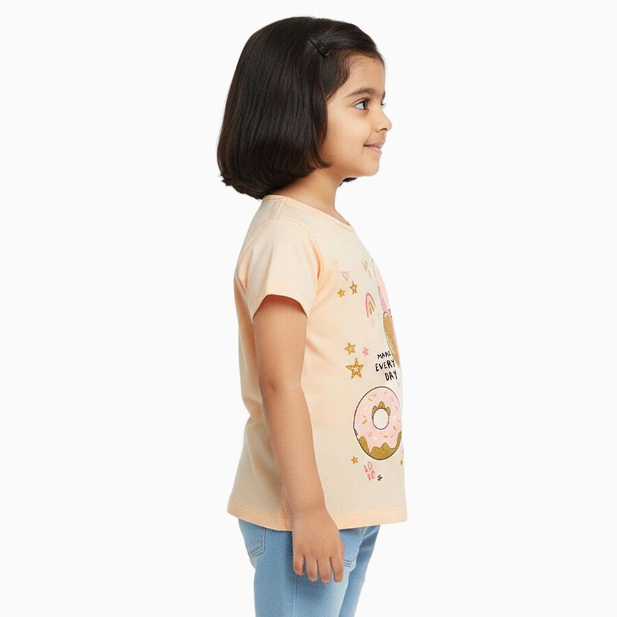 Girls' Soft Peach Cotton Round Neck Casual T-Shirt, Peach, large image number null