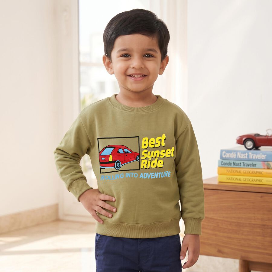 Boys' Olive Green Crew Neck Graphic Print Sweatshirt, ओलिव, large
