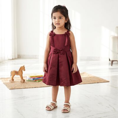 Girls' Maroon Fit and Flare Bow Detail Party Wear Frock