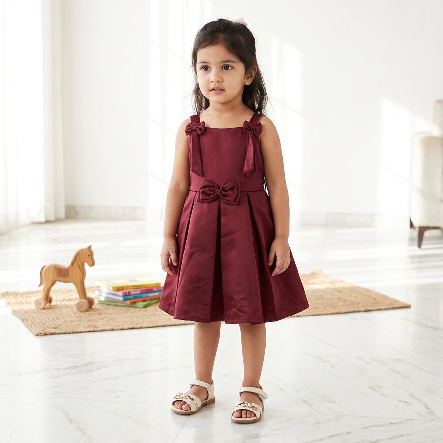 Girls' Maroon Fit and Flare Bow Detail Party Wear Frock, वाइन, large